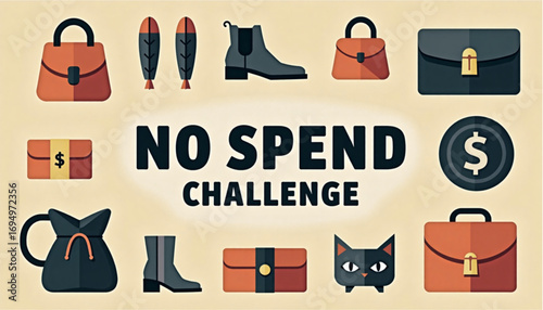 Stylized illustration of "No Spend Challenge" with various items like bags, shoes, and icons