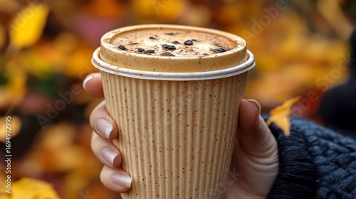 Fototapeta Naklejka Na Ścianę i Meble -  Warm Pumpkin Spice Latte in Disposable Cup Surrounded by Autumn Leaves
