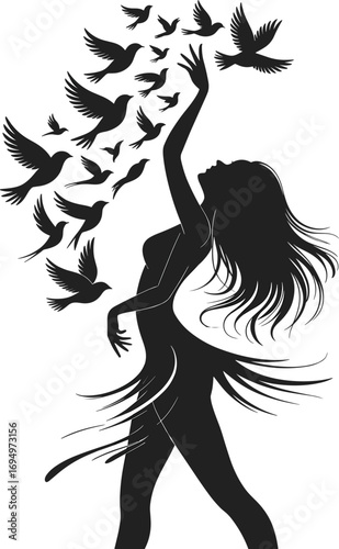 lhouette of dancing woman with flowing hair releasing birds, freedom concept, nature connection, graceful movement, expressive dance, spiritual liberation, artistic black and white 