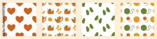 Vector seamless autumn pattern collection isolated on white. Cute heart, cat with yarn, basket, mitten, socks, and yarn balls. Cozy fall design for textile and wrapping. Knitting prints collection.