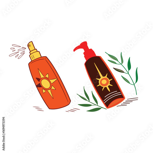 Sunscreen Lotion Bottles with Sun Protection Icon and Leaves Illustration