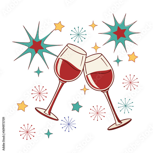 Clinking Wine Glasses Celebration with Fireworks and Stars Illustration