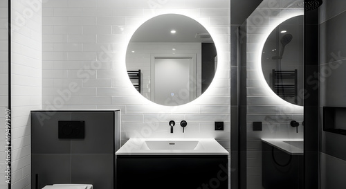 Contemporary Bathroom Design Featuring Illuminated Mirrors And Modern Fixtures Elegant And