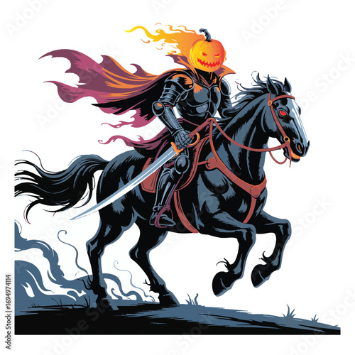 Headless Horseman with Flaming Pumpkin Head Riding Dark Horse Illustration