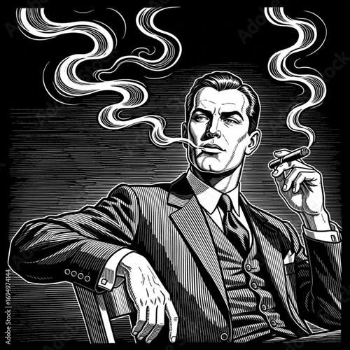 Confident Man in Suit Smoking Cigar - Engraving Style AI Raster Illustration