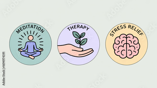 Mental health and wellness concept with meditation, therapy, and stress relief modern flat vector illustration for web design and ui