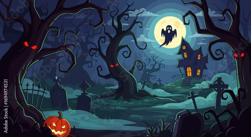 Spooky Halloween night scene featuring a haunted house, ghostly figure, and glowing jack-o'-lantern amidst gnarled trees and a graveyard.