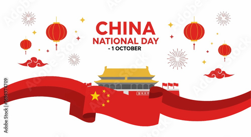 A celebratory graphic design for China National Day, featuring a red ribbon, lanterns, fireworks, and a Chinese temple.