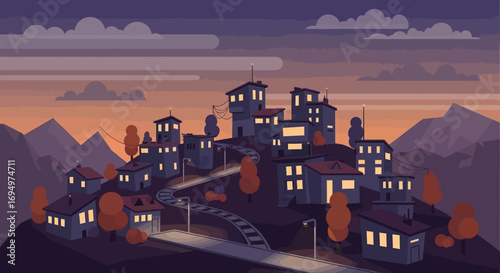 A charming hillside village at twilight, nestled between mountains, glows with warm window lights.