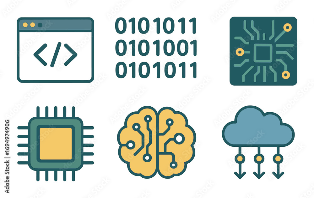 Obraz premium Abstract technology icons featuring code, binary, circuit, ai brain, chip, and cloud