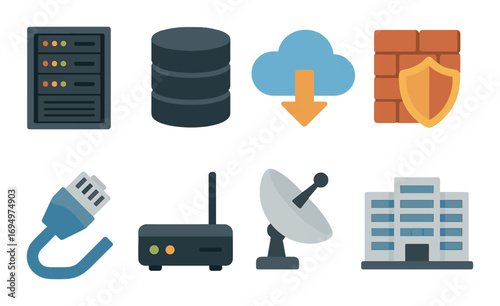 Network technology icons: server, database, cloud, firewall, cable, router, satellite, building