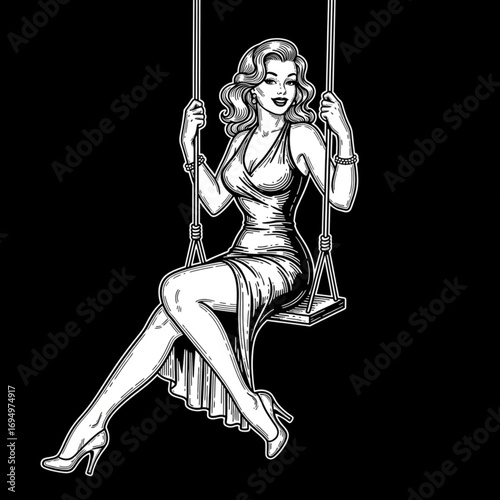 Glamorous Pin-Up Girl on Swing with Voluminous Hair and Heels - Engraving Style AI Vector Illustration