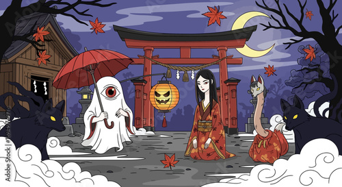 A whimsical illustration depicting a Japanese scene with a variety of spooky characters and a traditional torii gate.