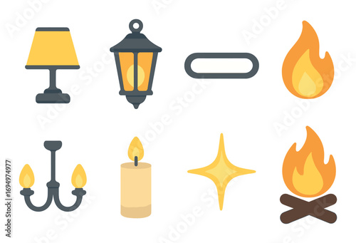 Variety of illuminative elements: lamps, lantern, candle, and fire in warm tones