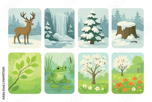 Seasons illustrated with deer, waterfall, snowy pines, frog, blooming tree, and flowers