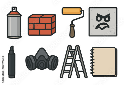 Graffiti tools and equipment icons including spray paint, roller, mask, ladder