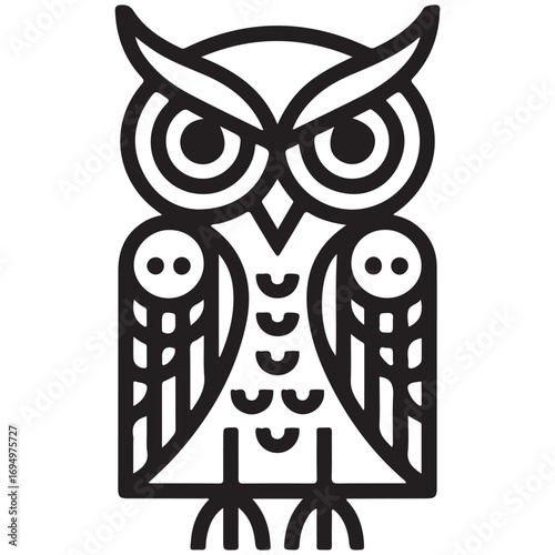 Stylized Black and White Geometric Owl Line Art Illustration