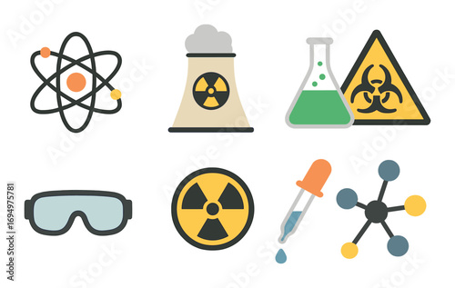 Set of hazardous materials icons including radiation, biohazard, and laboratory safety symbols