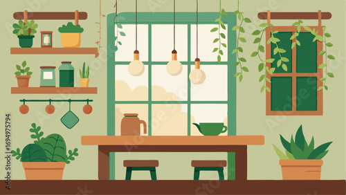 A kitchen with a rustic wooden table surrounded by hanging vines and potted herbs on the windowsill.