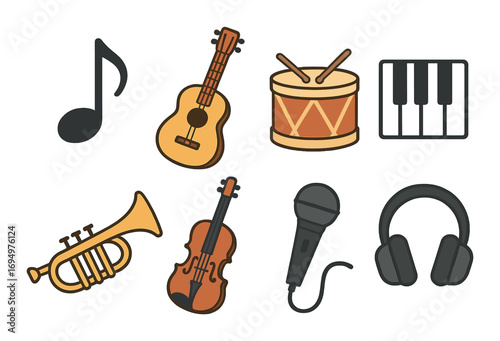 Collection of musical instruments with guitar, drums, and microphone on textured background