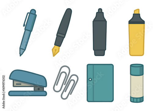 Assorted office supplies: pen, highlighter, stapler, paper clips, notebook, glue stick