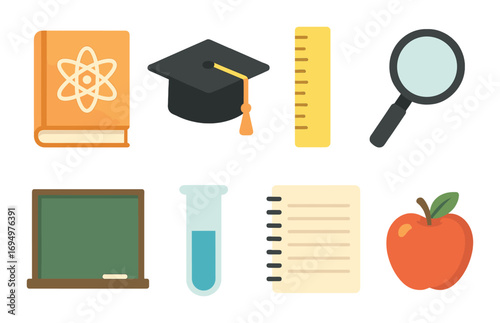 Educational icons: atom book, graduation cap, ruler, magnifying glass, blackboard, test tube, notebook, apple
