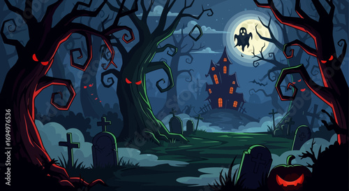 Spooky Halloween graveyard scene with haunted trees, a spooky house, and a ghost.