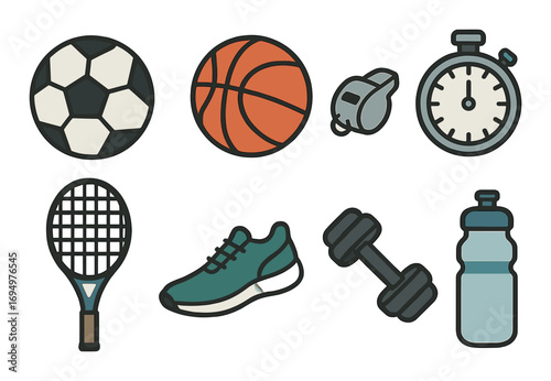 Collection of sports equipment icons including soccer ball, basketball, and stopwatch