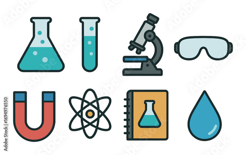 Colorful science icons featuring lab equipment and scientific symbols