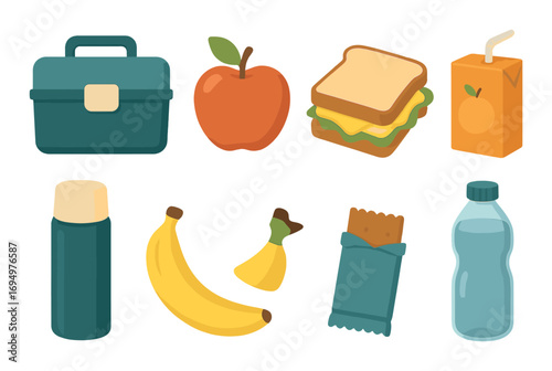 Colorful lunch items with sandwich, fruit, and juice box