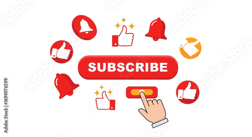 A graphic design promoting a YouTube subscription, featuring thumbs up, bells, and a call to action button.