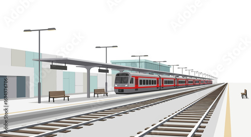 Modern commuter train at a platform, waiting at a station, ready for departure.