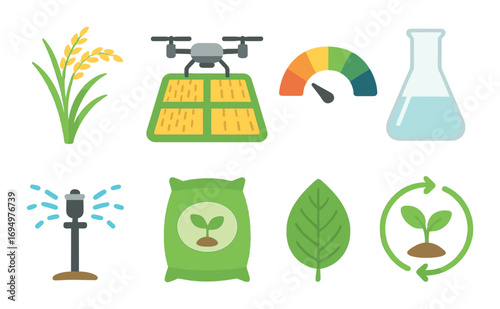 Smart agriculture icons displaying drone, irrigation, plant growth, and eco-friendly practices