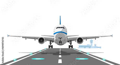 Airplane taxiing on runway, preparing for takeoff, airport terminal in background.
