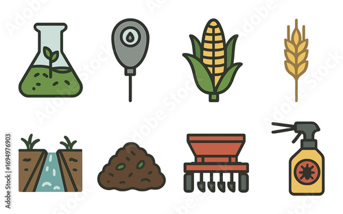 Agricultural icons: farming symbols including irrigation, corn, wheat, fertilizer, and pest control