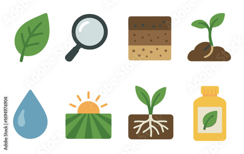 Sustainable farming icons: leaf, magnifying glass, soil, seedling, water, sunrise, plant roots, fertilizer