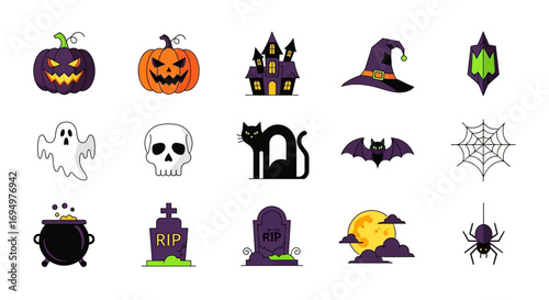 Flat Halloween icons featuring pumpkins, ghosts, castles, bats, and other spooky symbols.