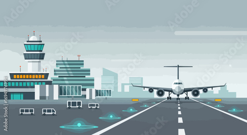 Airplane taxiing on runway towards airport terminal, autonomous vehicles on tarmac.