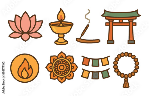 Set of colorful spiritual icons with warm glow