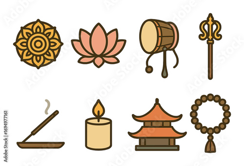 Asian cultural symbols: mandala, lotus, drum, scepter, incense, candle, temple, prayer beads
