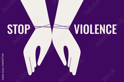 Stop Violence against women banner with Female hands tied by the rope on purple background. Domestic abuse and sexual harassment. Vector illustration