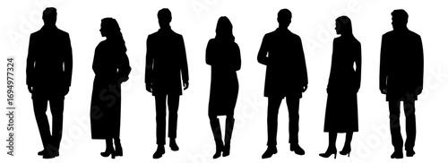 Silhouettes of men and women, a group standing business people, front and back view, profile, vector, black color isolated on white background