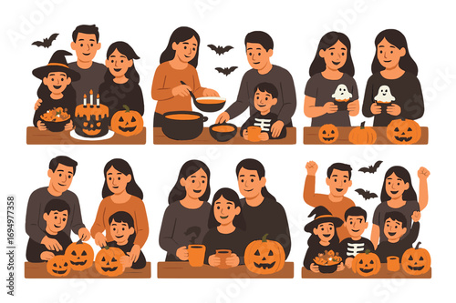 Asian family celebrating halloween with costumes and pumpkin carving activities inside