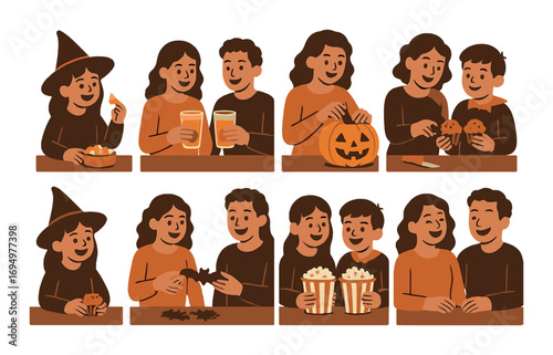 Halloween fun with pumpkin carving, costumes, and treats for young caucasian teens