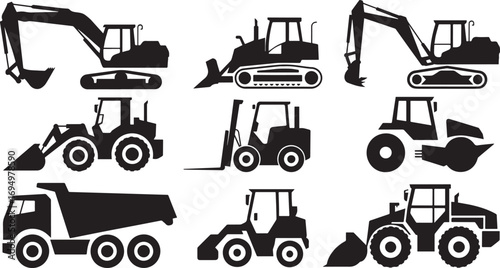 Set of 9 black construction excavation and bulldozer silhouettes with detailed machinery icons in vector format.