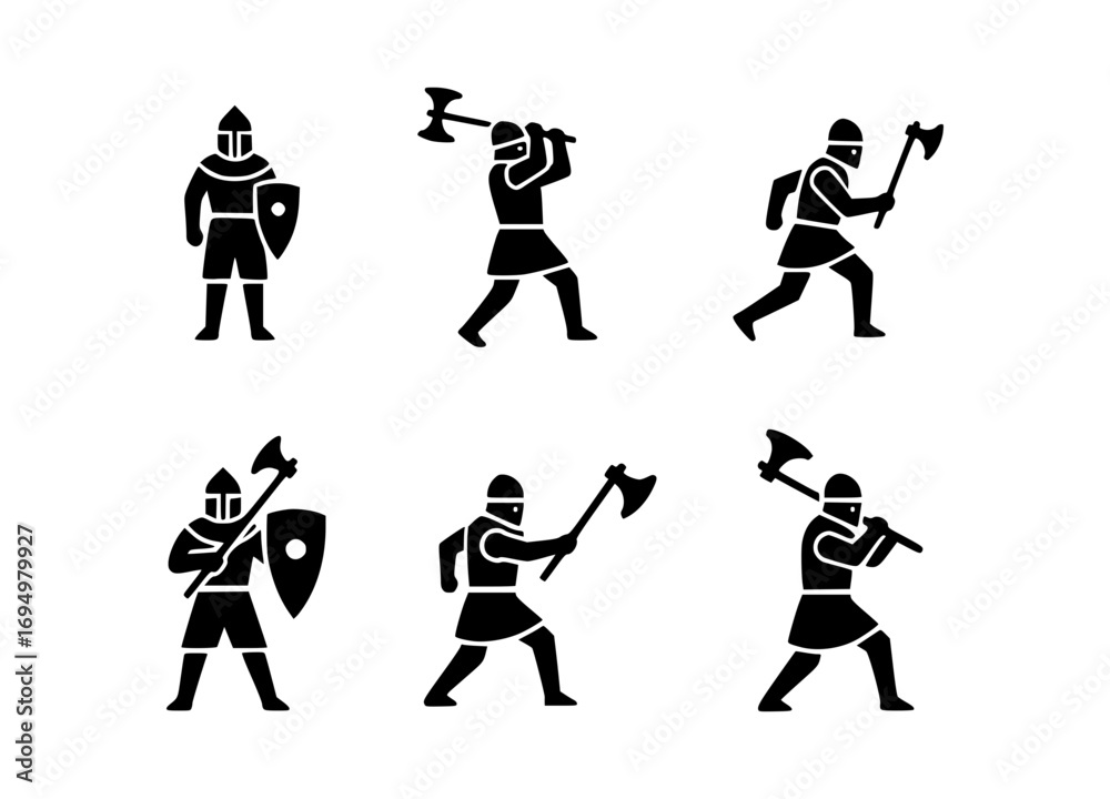 Obraz premium A collection of warriors figures with axes and shields, perfect for historical and gaming designs