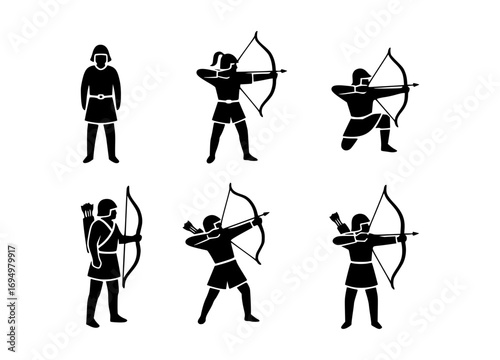 Six archers in various poses, engaged in archery practice