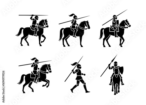 Knights in Silhouette, Preparing for Battle. Knights on horseback, spear in hand, ready for the jousting game. A detailed illustration of knights, evoking the spirit of combat.