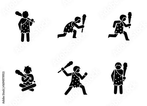 Illustrative depictions of cavemen with clubs in various poses, ready for action or rest. The stick figures are in a simple design. These figures are against a basic background.