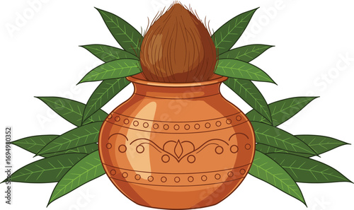 A beautiful and auspicious Kalash, a traditional Hindu ritual pot with a coconut and mango leaves, symbolizing prosperity, divinity, and new beginnings.